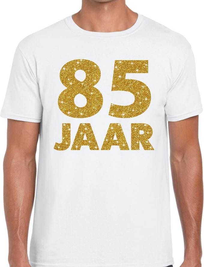 85 jaar goud glitter verjaardag t-shirt wit heren - verjaardag shirts M
