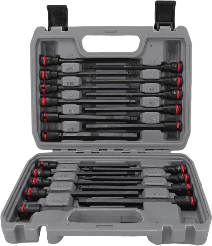 Doppenset Zeskantbit - Verlengde Doppen - Krappe Ruimtes - S2 & CR V Staal - 3/8 Inch