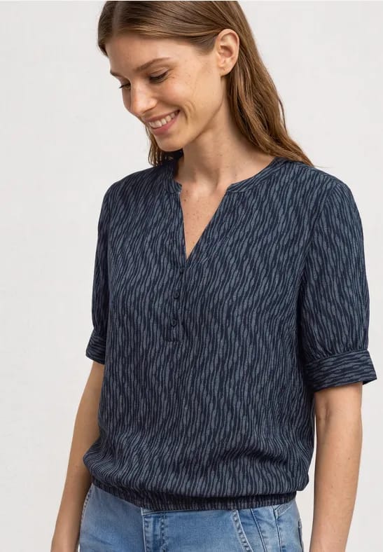 Blouse met korte mouwen, gespleten hals en elastische zoom
