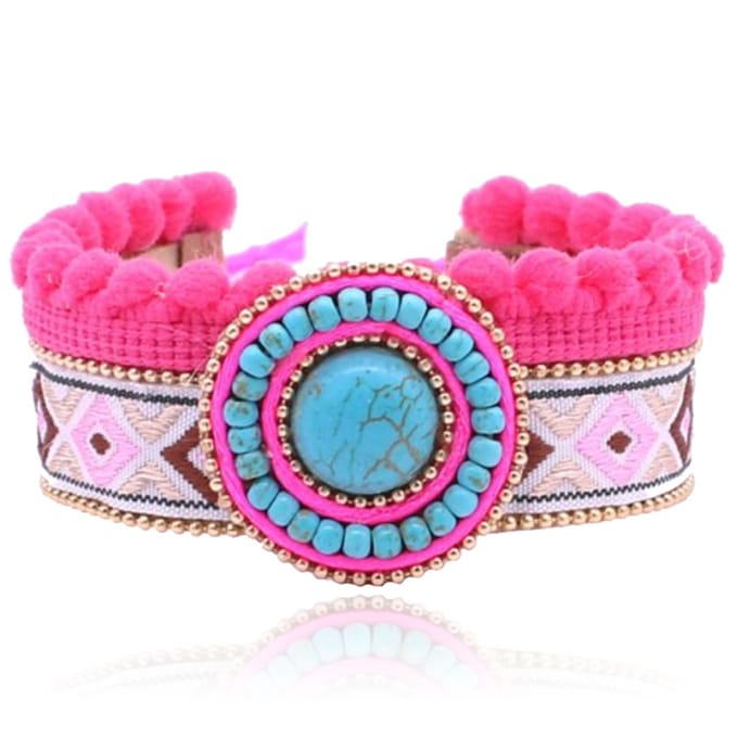 Roze multicolour dames armband van leer met Turkoois