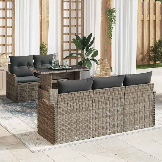 vidaXL Tuinbank Set met kussen met kussen 6 pcs Grijs Poly Riet