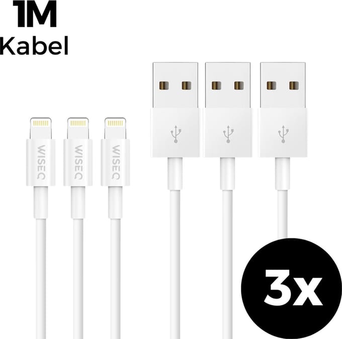 Lightning USB kabel 1 meter - USB naar Lightning oplaadkabel - set van 3 - geschikt voor iPhone en iPad - wit - WiseQ