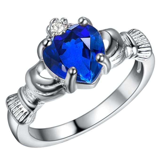 Zilveren Hartring Mode Creatieve Kristal Diamant Hand Vasthoudend Liefdesring 6 blue