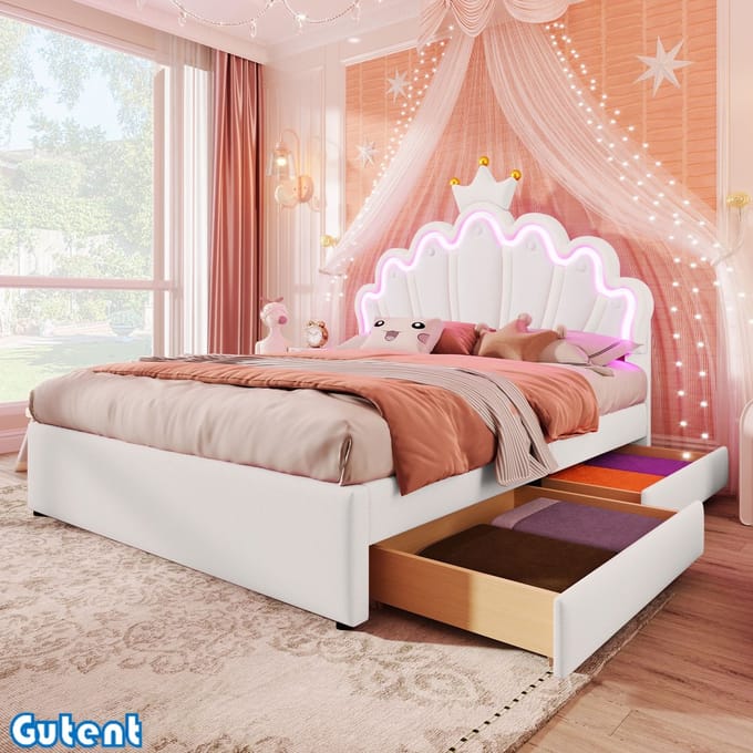 Gutent Princess Bed-140 x 200 cm-Zonder matras-Remote sfeerverlichting-2 laden-Verstelbaar hoofdeinde-PU-Wit