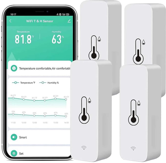 4-Pack WiFi Thermometer Hygrometer Sensor met Externe Sensor en Tuya App Melding