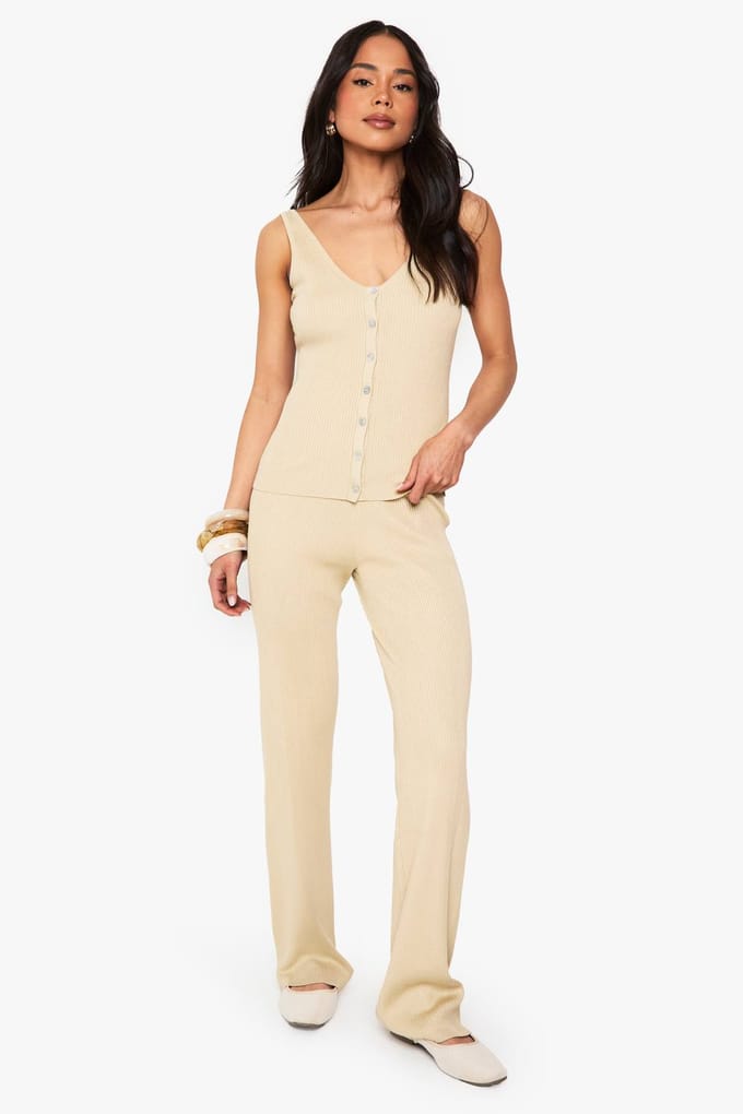 boohoo Dames Gebreide vest en wijde broek | Stone | Maat: Small