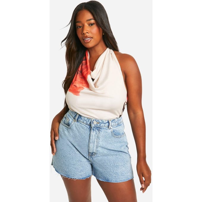 boohoo Dames Plus Rose Print Cowl Neck Top | Creme | Maat: 52