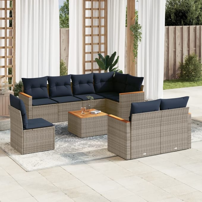 vidaXL - 9-delige - tuinbankset - met - kussens, - grijs - polyrotan