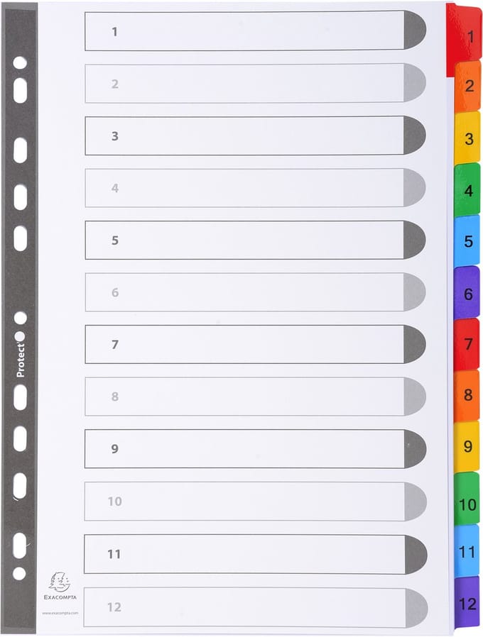 Exacompta 20x Tabbladen karton 160g - versterkte gekleurde tabs + inbdexblad - 12 tabs - A4 - Wit - 1112E