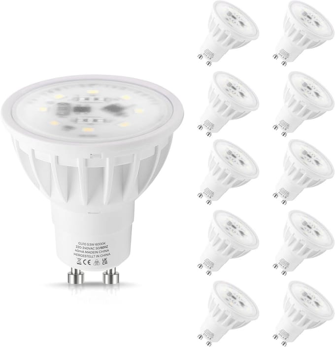 GU10 LED-Lampen 6000K Koel Wit - 10 Stuks Energiebesparende 5,5W Spots
