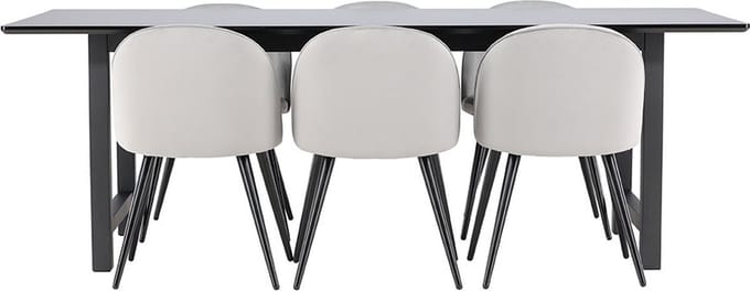 Oslo eethoek eetkamertafel 100x220cm zwart en 6 Skagen stoel velours grijs.
