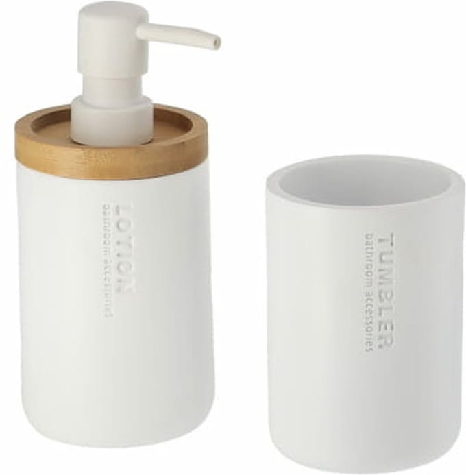 Tendance Badkamer accessoires set 2-delig - Polyresin/bamboe - wit - robuust - matte coating - luxe set