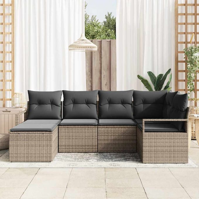 vidaXL Bankstel met kussen met opslag 6 pcs Grijs poly rattan