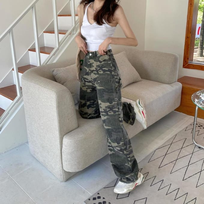 Damesmode camouflage jeans losse denim cargobroek met hoge taille L black