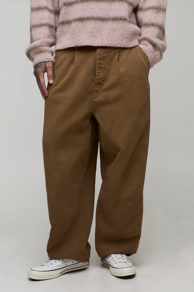 Hoge Balloon Fit Half & Half Tailleband Gewassen Twill Broek | Tobacco | Size Medium