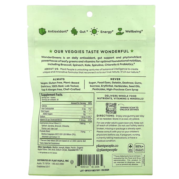 Wondergreens® Super Veggie Gummies voor Kinderen, Groene Appel, 30 Gummies