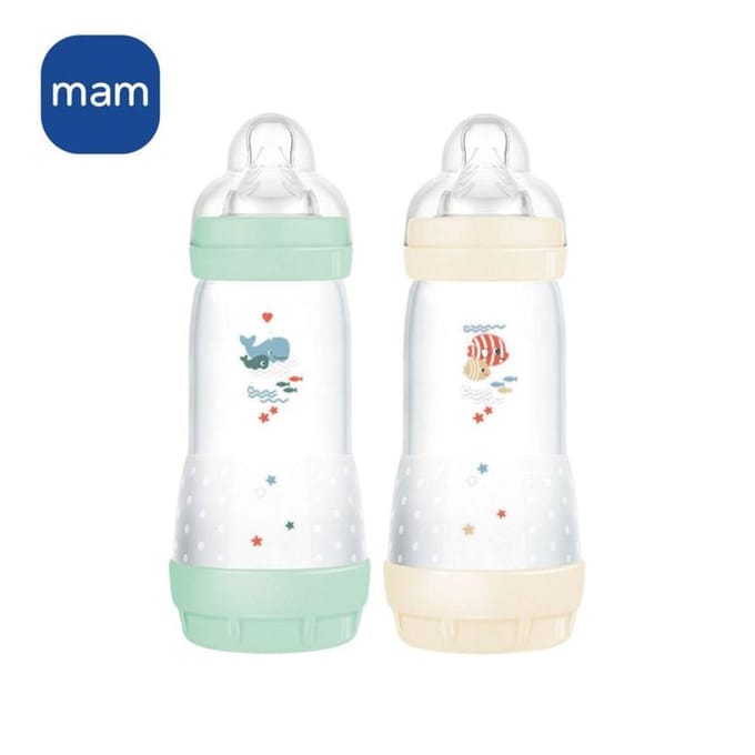 Lot de 2 Biberons - MAM - Easy Start - Anti-colique Classique - 320 ml - Tétine débit 3 - Menthe + Coton
