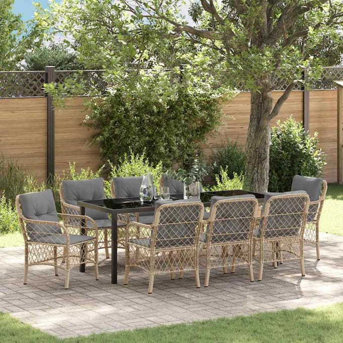 vidaXL - Tuin - Eettafel - Set - 9 - st - Beige - poly - rattan