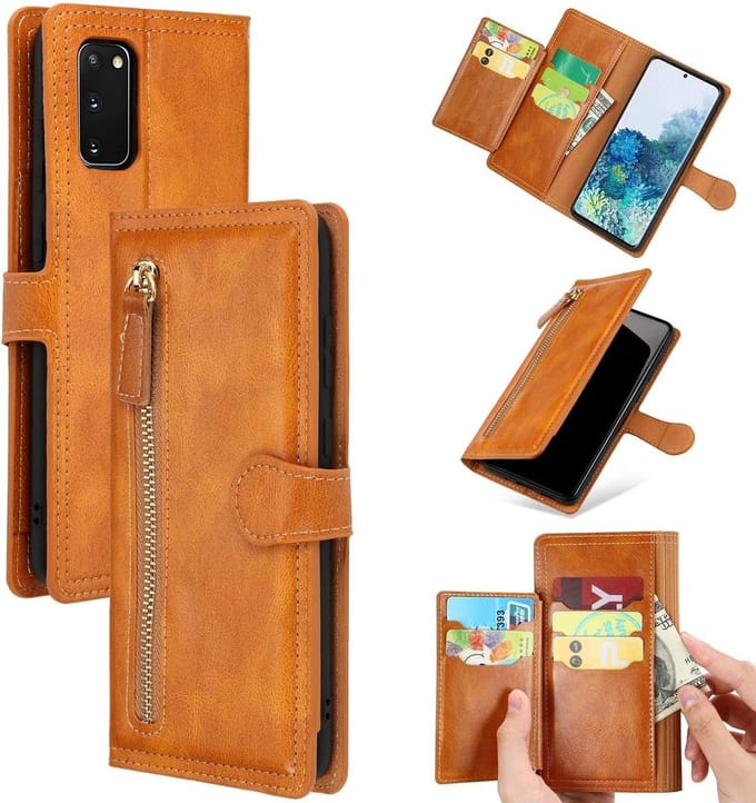 Bookcase Hoesje Geschikt voor: Samsung Galaxy A42 met ritssluiting - Flipcover - Magnetisch - 5 kaarten houder - Lichtbruin