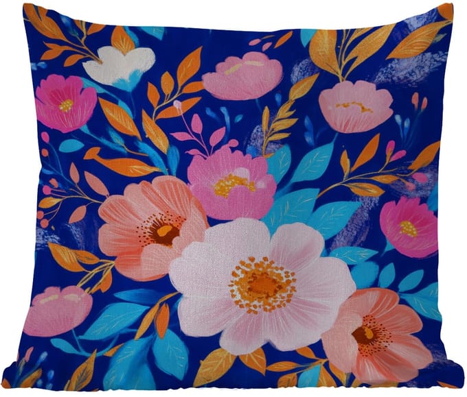 Buitenkussen - Bloemen - Blauw - Roze - 45x45 cm - Weerbestendig