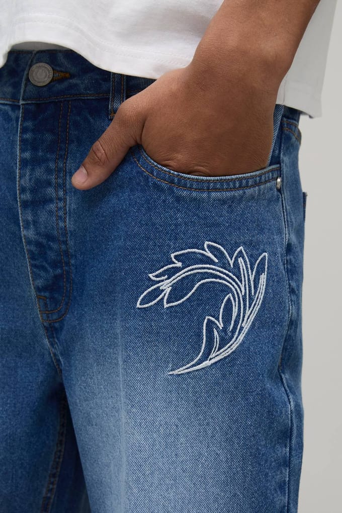 Rechte Uitlopende Western Geborduurd Contrast Stiksel Jeans | Light Blue | Size 30R