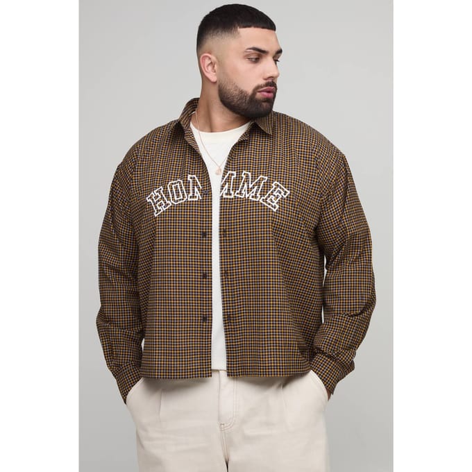 Plus Overgrootte Boxy Heren Applique Micro Check Shirt | Chocolate | Size 4XL