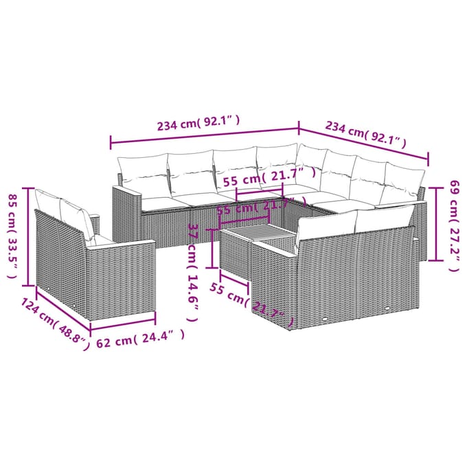 vidaXL - 12-delige - Loungeset - met - kussens - poly - rattan - beige