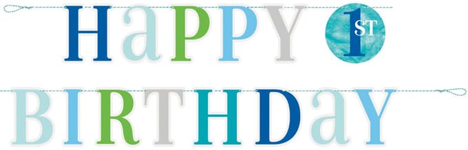 UNIQUE - Kartonnen Slinger Happy 1st Birthday Blauw 1,8 m Jongensdecoratie