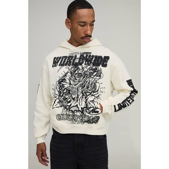 Ecru Oversized Boxy Limited Edition Hoodie Met Reaper Print | Size XS