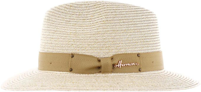 Herman breedgerande beige papieren strohoed met bijpassend lint