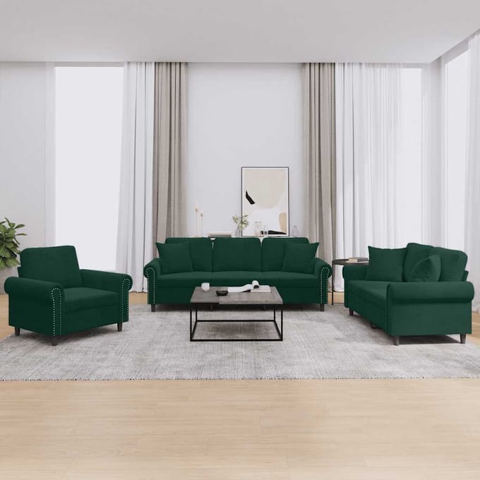 vidaXL - 3-delige - Loungeset - met - kussens - fluweel - donkergroen