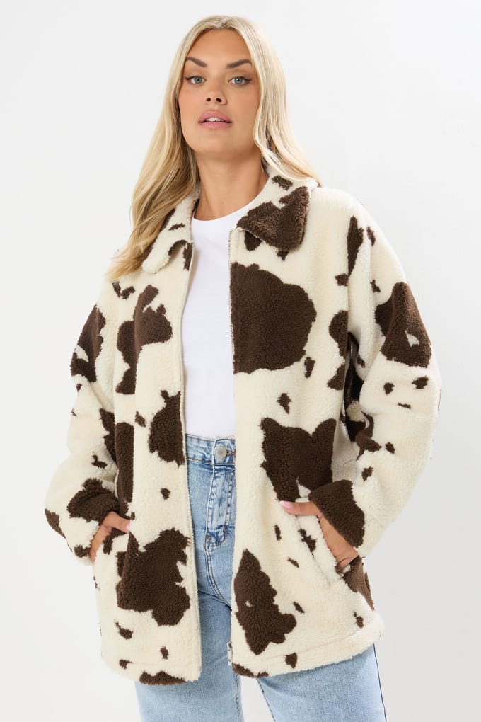 Yours Natural Bruine Koeienprint Teddy Borg Jas Size 48