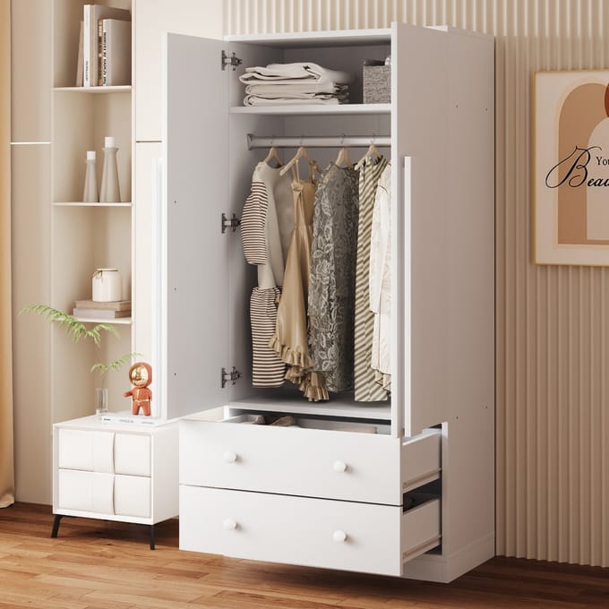 Kleiderschrank 70×40×170cm Wit | Doppeltüren + Schubladen & Ablagefächern | Hout