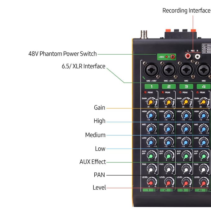 Professionele 4-kanaals BT-audiomixer met 2 draadloze microfoons LED digitale mengconsole US Plug zwart
