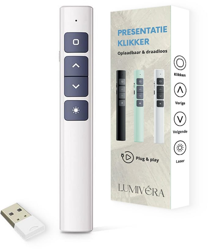 Lumivéra® - Presentatie Klikker - Draadloze Presenter Voor Presentatie - Usb - Pointer - Afstandbediening Met Laser - Wit