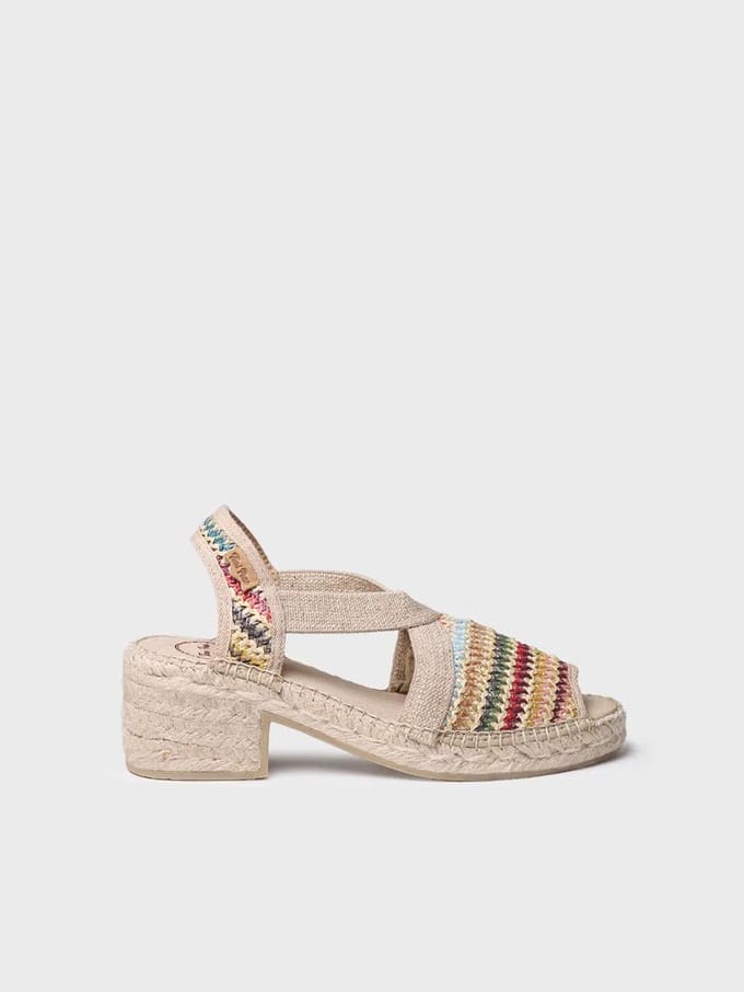 Dames espadrille van veelkleurig raffia met brede hak | DELMI-MA