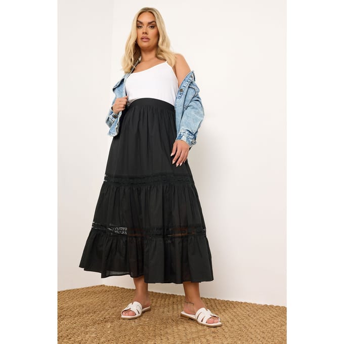 Yours Katoenen Maxi Rok Met Gehaakte Panelen In Zwart Size 44