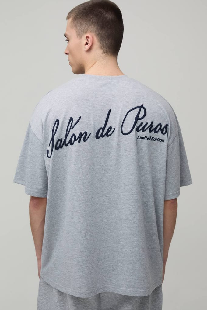 Salon De Paris Embroidered Oversized T-Shirt | Grey Marl | Size Medium