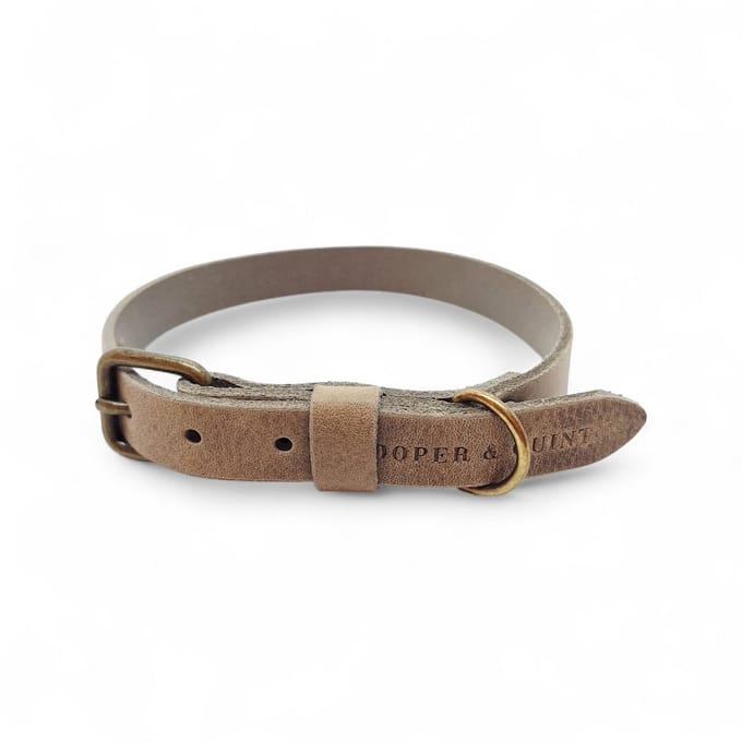No Fuss Halsband Hond Leer Stone - Medium / Oud Messing