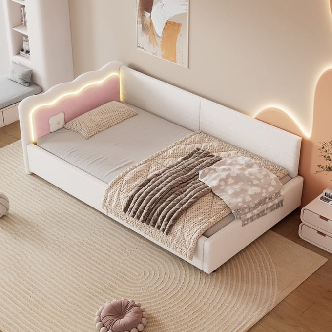 Wishdor Daybed 90x200 cm - Met LED-Sfeerverlichting - Colour-Blocking Design - Strak & Sfeervol - Fluweellook & MDF - Wit