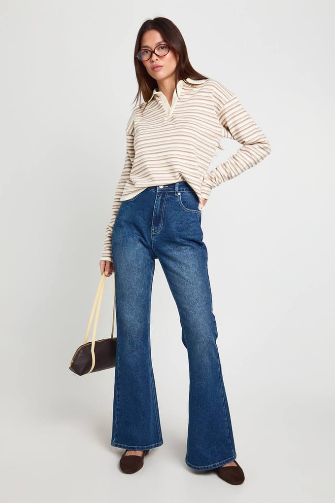 boohoo Dames De hoge taille flare jeans | Grey Blue | Maat: 10/30L