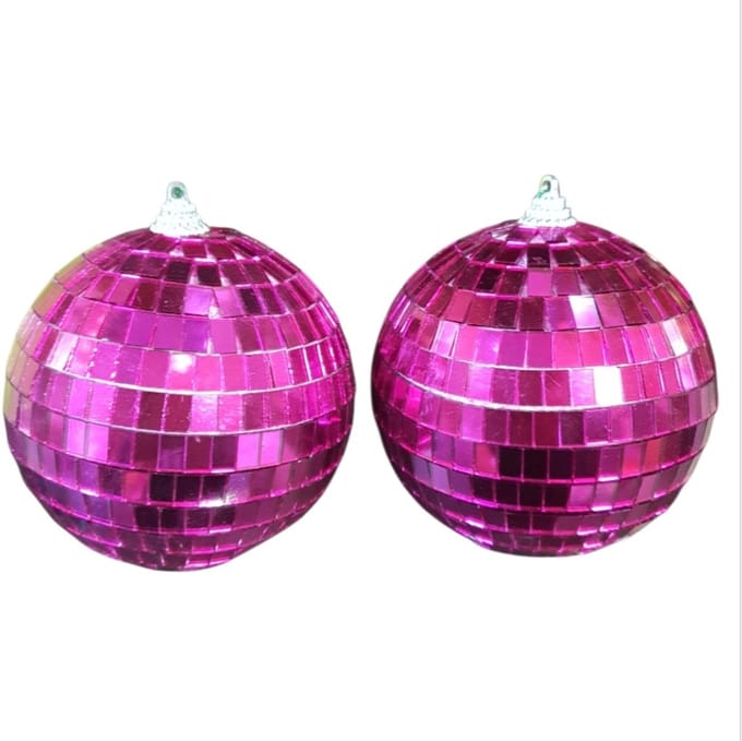 Mica Decorations Spiegelbal/ discobal fuchsia ,D10cm Set van 2