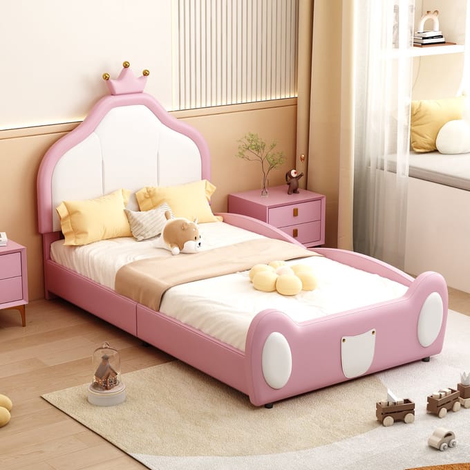 MODFU Prinsessenbed 90x200 cm – Kronenhoofdbord & patchworkdesign – Kunstleer roze/wit – Met lattenbodem – Kindermeubel