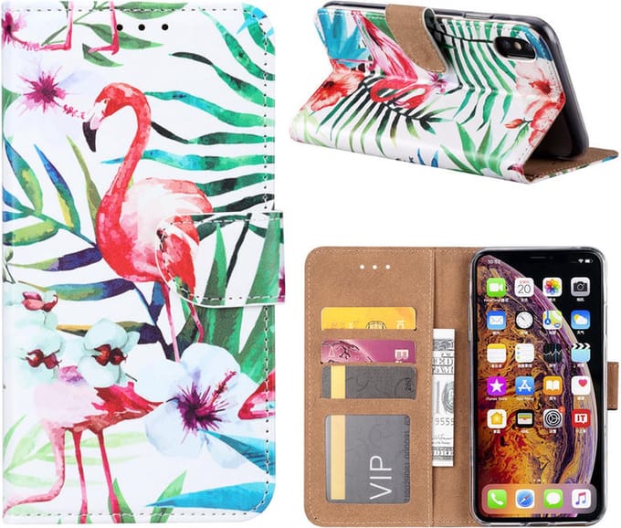 Cityhoesje - Bookcase iPhone XS Max incl. Pasjeshouder Flamingo
