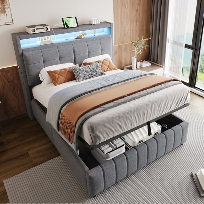 Sweiko Gestoffeerd bed - 140 x 200 cm - LED-verlichting - USB-aansluiting - Opbergruimte - Linnen - Grijs