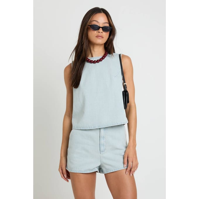 boohoo Dames Lang Boxy Denim Vest Top | Super Pale Wash | Maat: 46