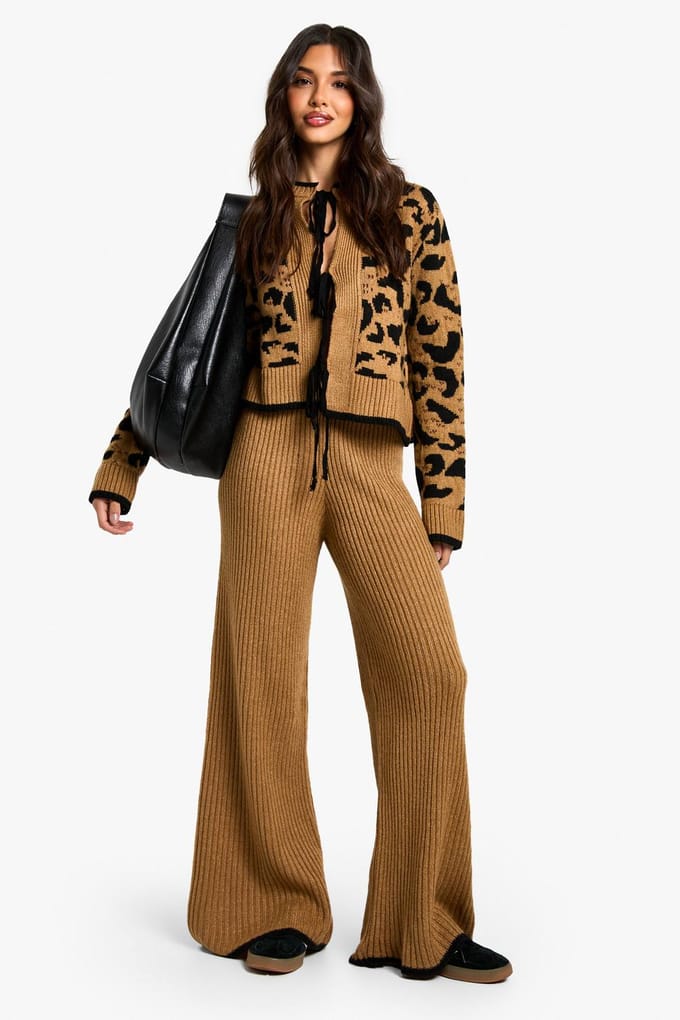 boohoo Dames Gebreide broek met contrasterende afwerking | Camel | Maat: Small/Medium