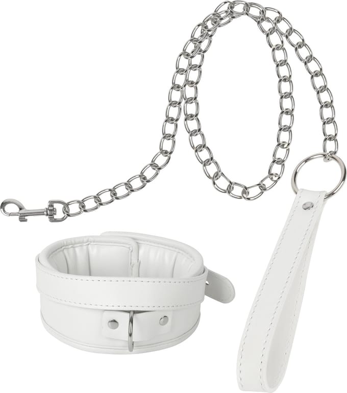 Banoch - Collar & leash White - Halsband en Riem - wit imitatieleer - bondage