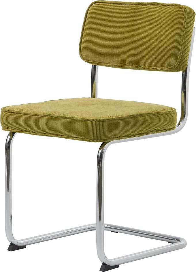 Set van 4 Ruffle eetkamerstoel in groene stof en chromen onderstel.