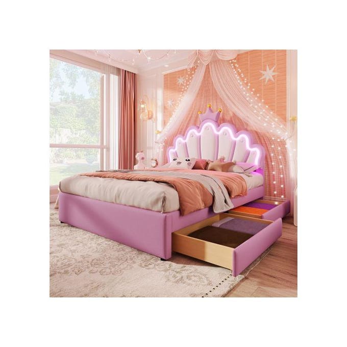 Lit - MUVOE - Lit prinses Kroon - 140 x 200 cm - Verstelbaar hoofdeinde - 2 opberglades roze
